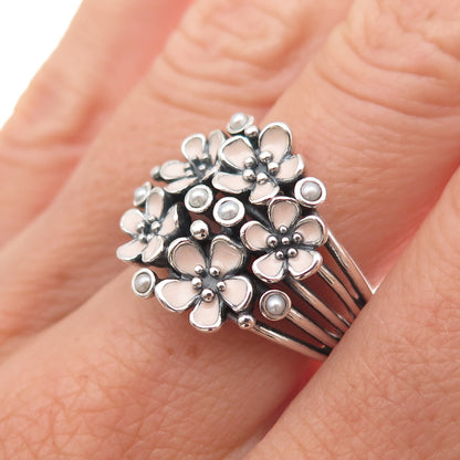 Pandora Sterling Silver Enamel Real Pearl Cherry Blossom Bouquet Ring Size 7.75