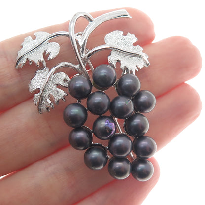 925 Sterling Silver Vintage Faux Tahitian Pearl Grape Pin Brooch