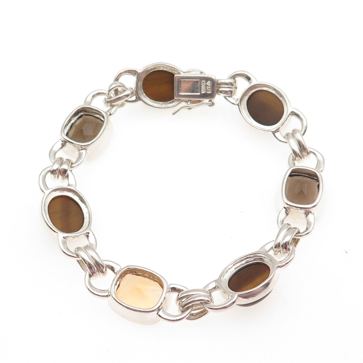 925 Sterling Silver Vintage Real Citrine Smoky Quartz Tiger Eye Bracelet 7"