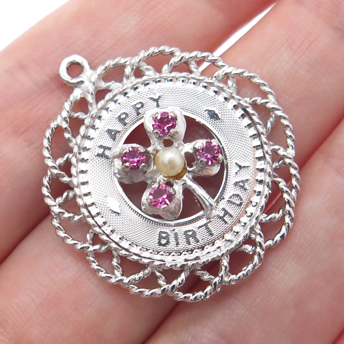 MARK MERCY Sterling Silver Vintage Faux Pearl Rhinestone Happy Birthday Pendant