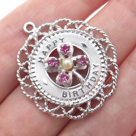 MARK MERCY Sterling Silver Vintage Faux Pearl Rhinestone Happy Birthday Pendant