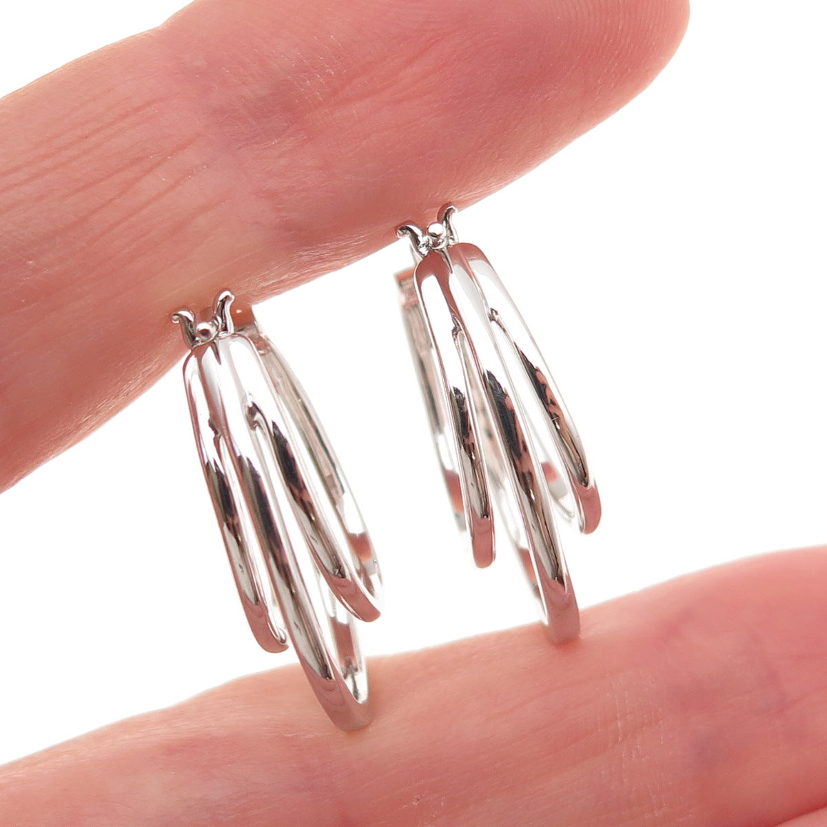 Sun 925 Sterling Silver Real Round-Cut Diamond 3-Row Hoop Earrings