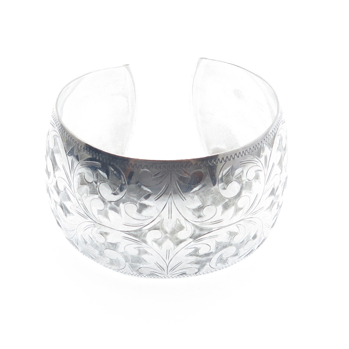950 Silver Antique Japan Engraved Floral Leaf Adjustable Wide Cuff Bracelet 6.5"