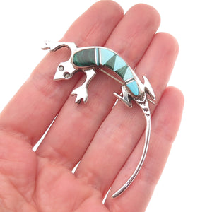 Arnold Maloney Navajo Old Pawn 925 Sterling Turquoise & Malachite Lizard Brooch