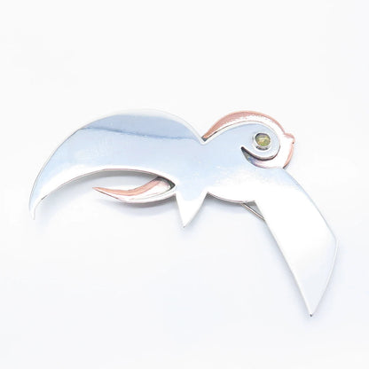 925 Sterling Silver 2-Tone Vintage Real Opal Gemstone Flying Bird Pin Brooch