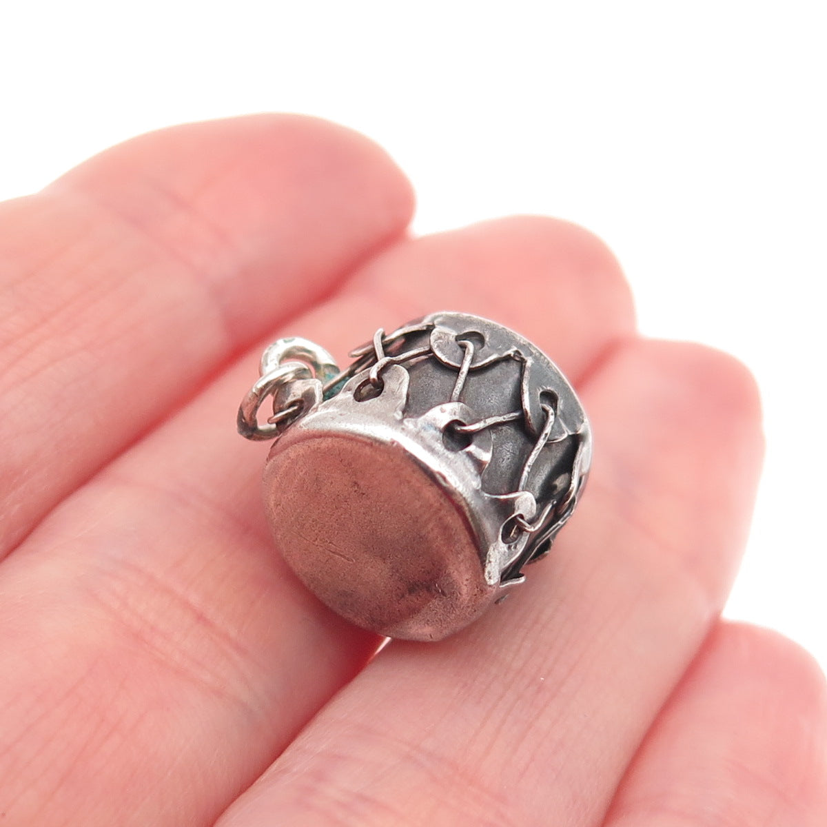 925 Sterling Silver Antique Art Deco Drum Oxidized 3D Mini Charm Pendant