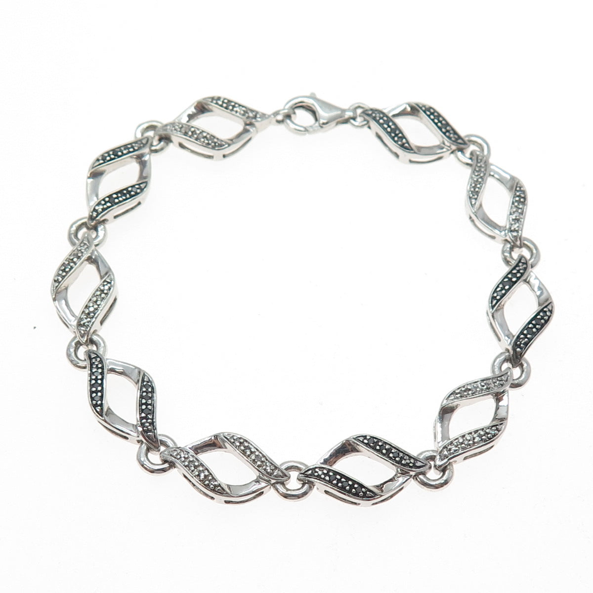 925 Sterling Silver Real Black & White Diamond Infinity Link Bracelet 7"