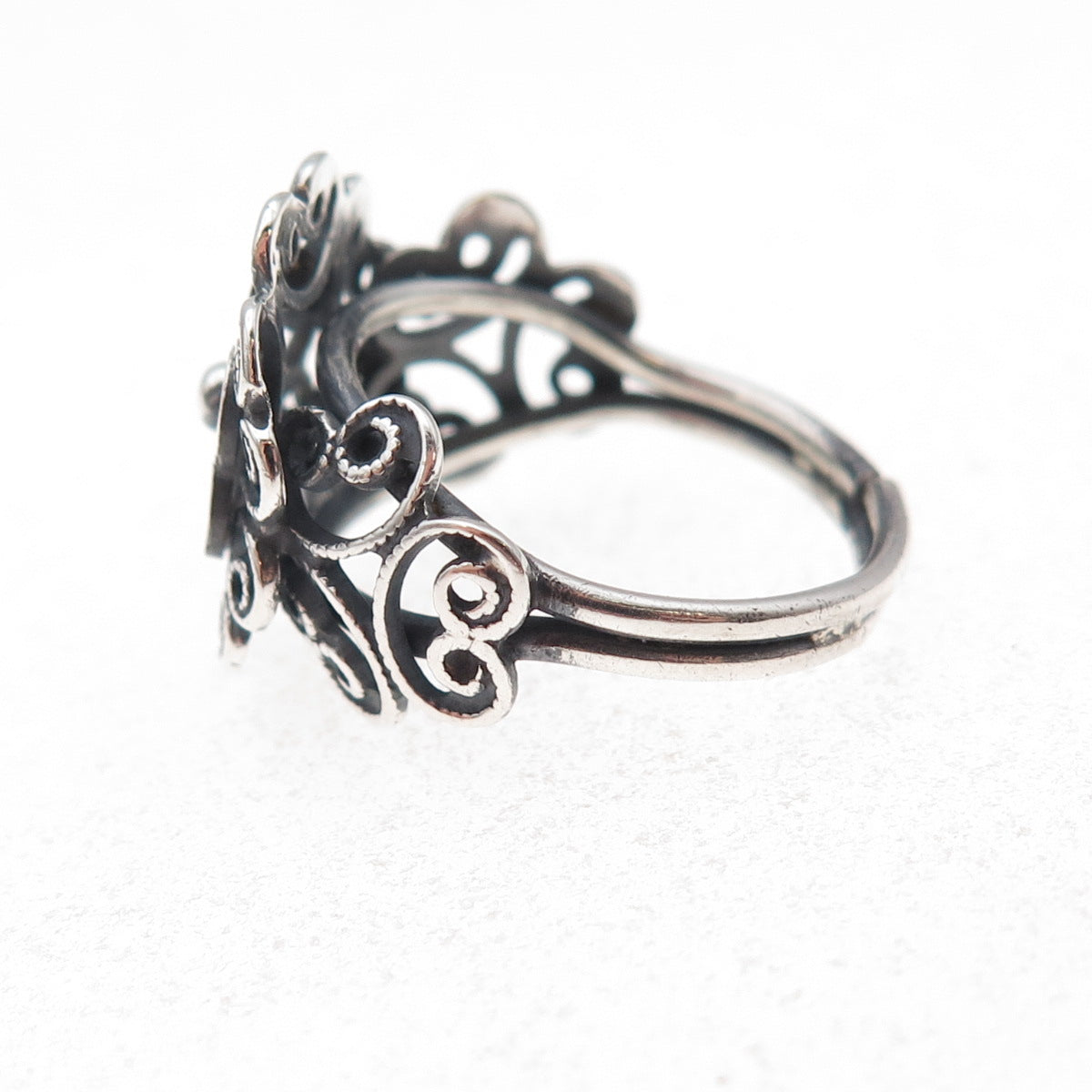 Beau Sterling Silver Antique Art Deco Floral Oxidized Adjustable Ring Size 5.25
