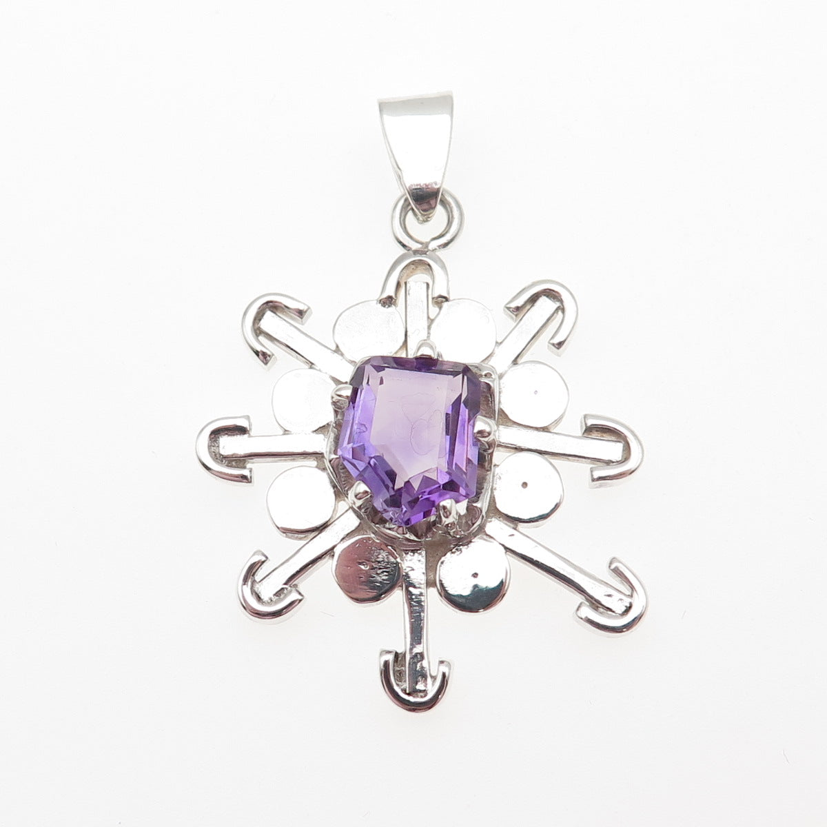 925 Sterling Silver Vintage Mexico Real Amethyst Modernist Charm Pendant