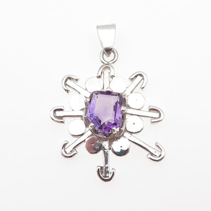 925 Sterling Silver Vintage Mexico Real Amethyst Modernist Charm Pendant