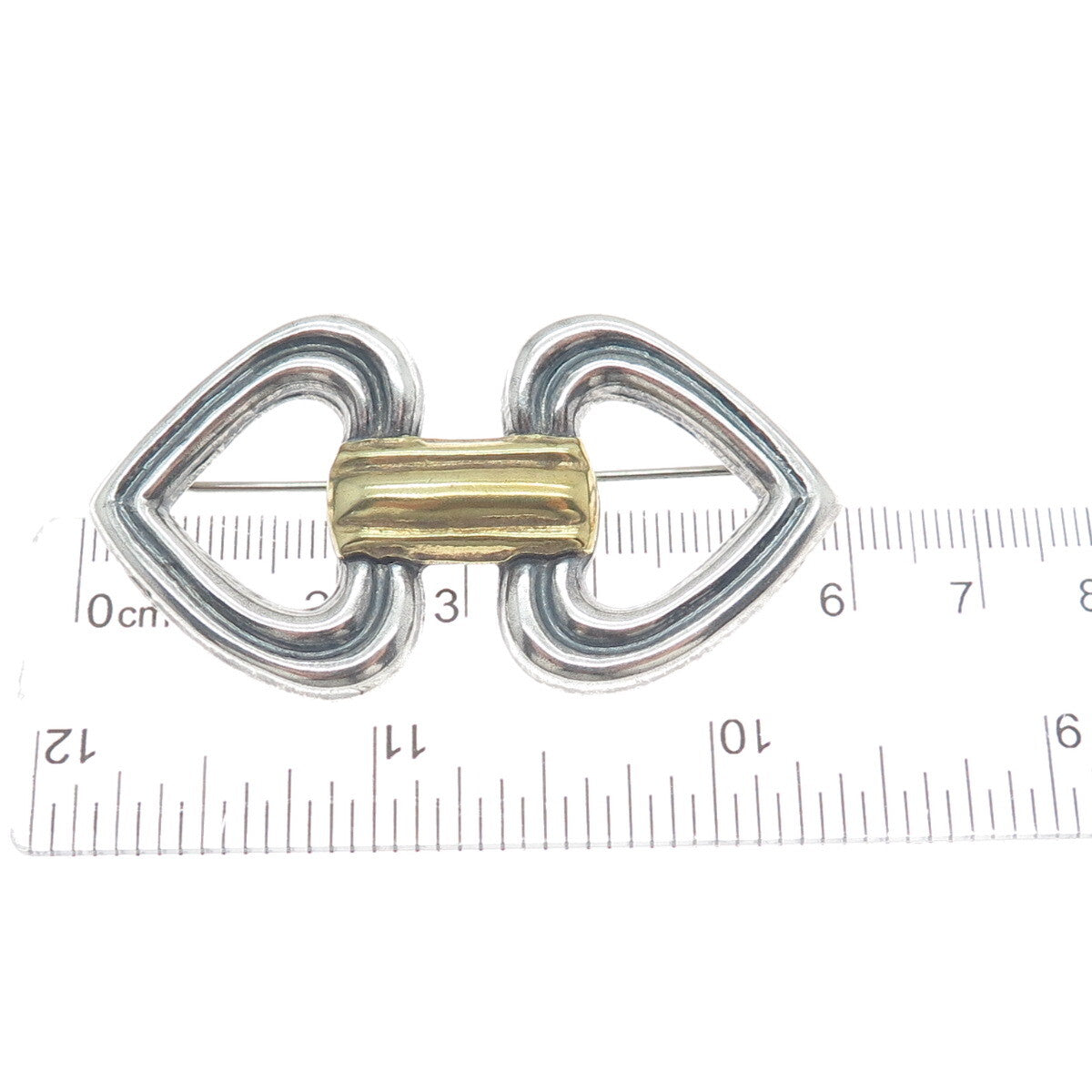 925 Sterling Silver 2-Tone Vintage Mexico Arrow Double Heart Oxidized Pin Brooch