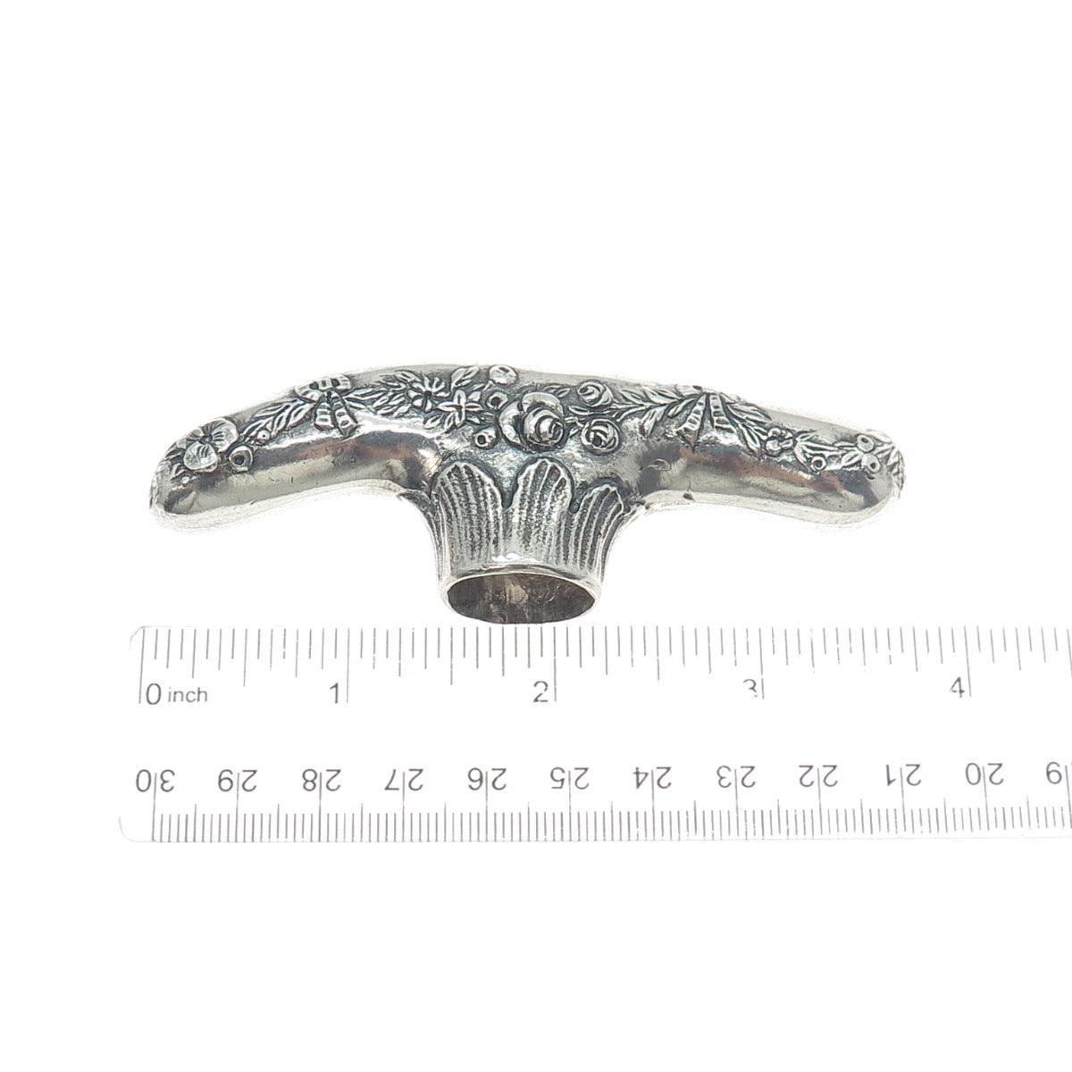 925 Sterling Silver Antique Victorian Repousse Rose Floral Walking Stick Handle