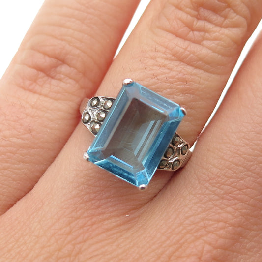 925 Sterling Silver Vintage Real Marcasite & Emerald-Cut Blue C Z Ring Size 6