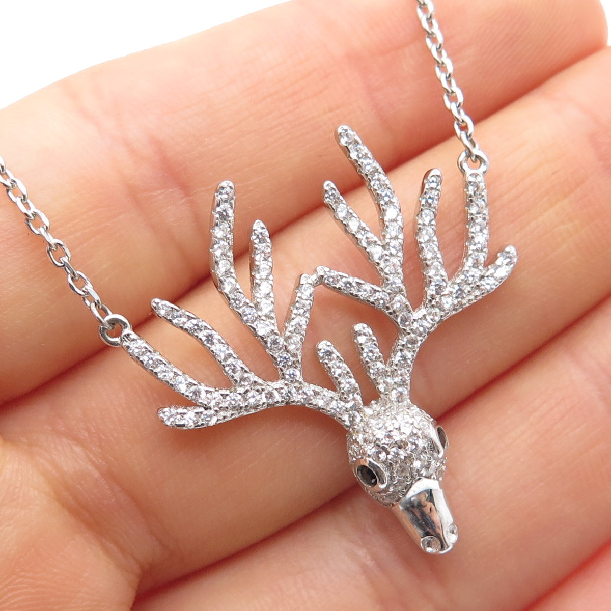 925 Sterling Silver Round-Cut Black & White C Z Deer Cable Chain Necklace 18-20"