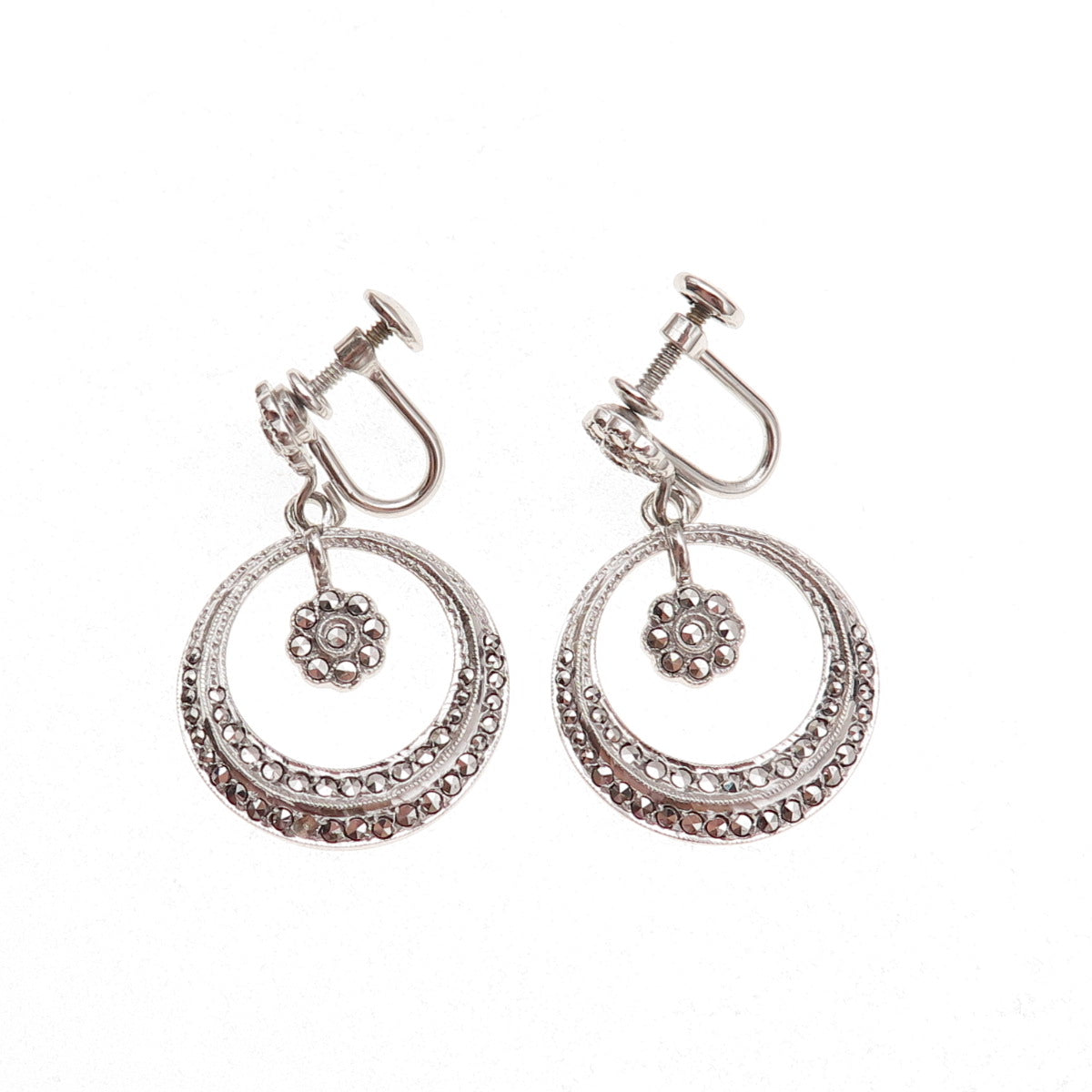 Kimler & Daniel 925 Sterling Antique Art Deco Real Marcasite Screw Back Earrings