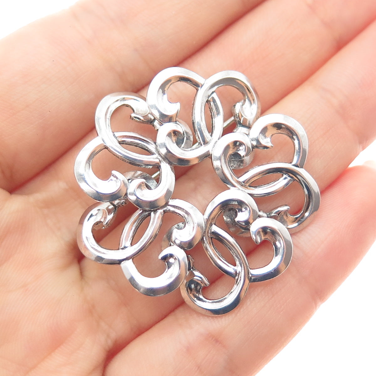 W. E. RICHARDS 925 Sterling Silver Antique Art Deco Flower Oxidized Pin Brooch