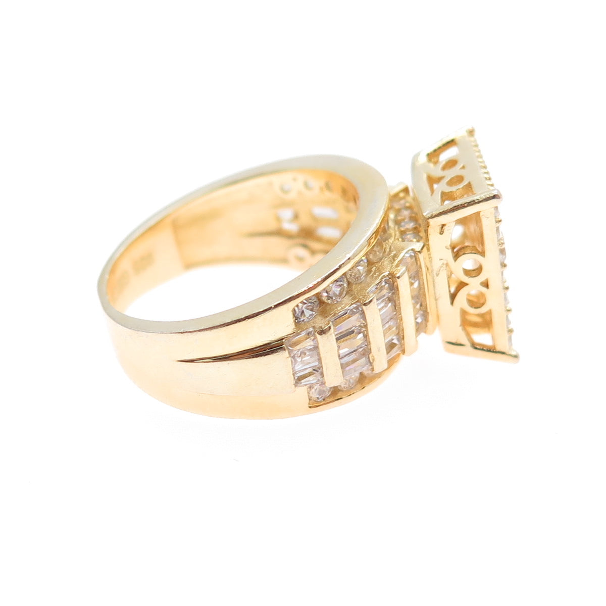 925 Sterling Silver Gold Plated Round & Tapered Baguette-Cut C Z Ring Size 6.5