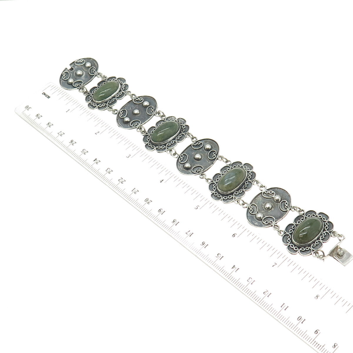 925 Sterling Silver Vintage Mexico Real Jade Floral Panel Link Bracelet 7.75"
