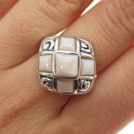 925 Sterling Silver Vintage Real MOP Modernist Spiral Ring Size 8.25