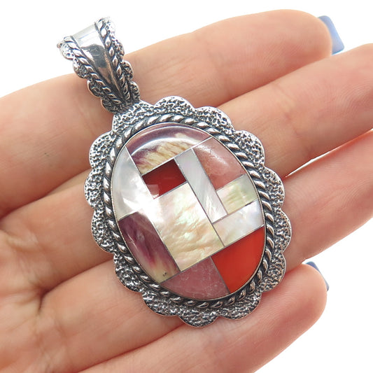Carolyn Pollack 925 Sterling Vintage Real MOP Sugilite Coral & Rhodonite Pendant