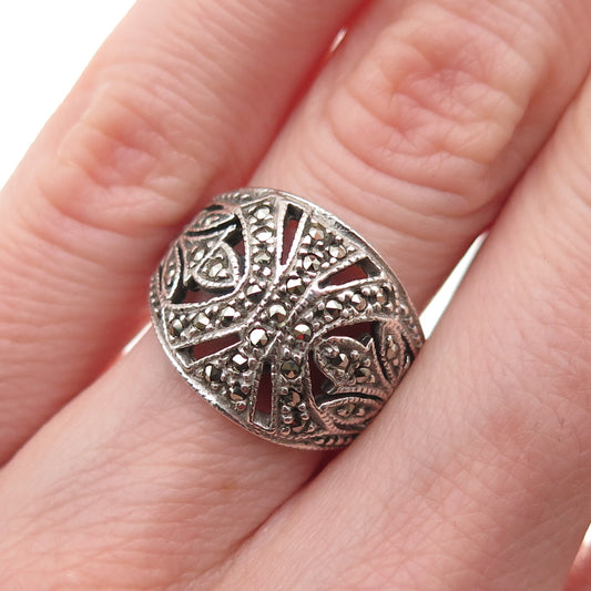 Judith Jack 925 Sterling Vintage Real Marcasite Floral Oxidized Ring Size 5.25
