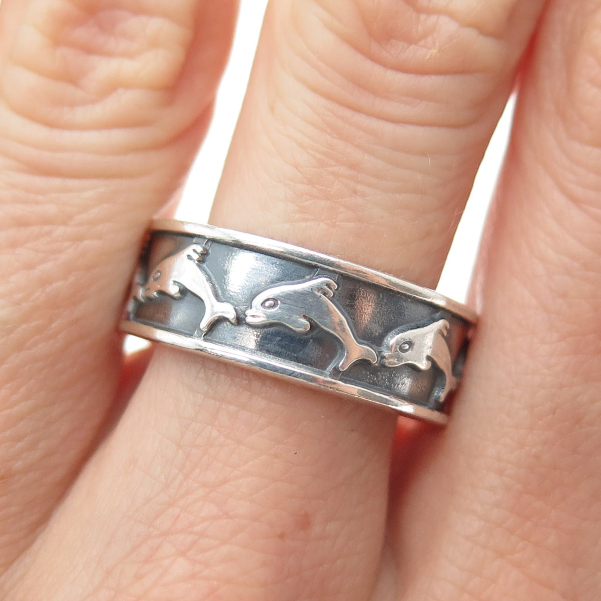 925 Sterling Silver Vintage Mexico Dolphin Oxidized Band Ring Size 10.5