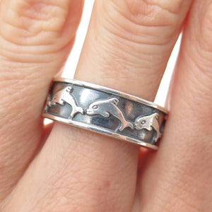 925 Sterling Silver Vintage Mexico Dolphin Oxidized Band Ring Size 10.5