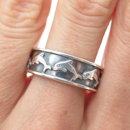 925 Sterling Silver Vintage Mexico Dolphin Oxidized Band Ring Size 10.5