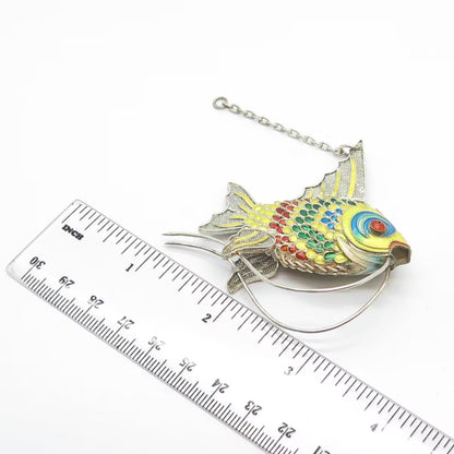 925 Sterling Silver Antique Enamel Chinese Koi Fish Articulated Chatelaine Fob