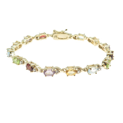 925 Sterling Silver Gold Plated Diamond Accent & Multi-Color Gem Bracelet 6.75"