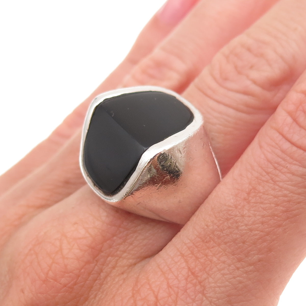 925 Sterling Silver Vintage Real Black Onyx Modernist Oxidized Ring Size 9.75