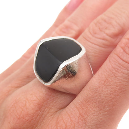 925 Sterling Silver Vintage Real Black Onyx Modernist Oxidized Ring Size 9.75