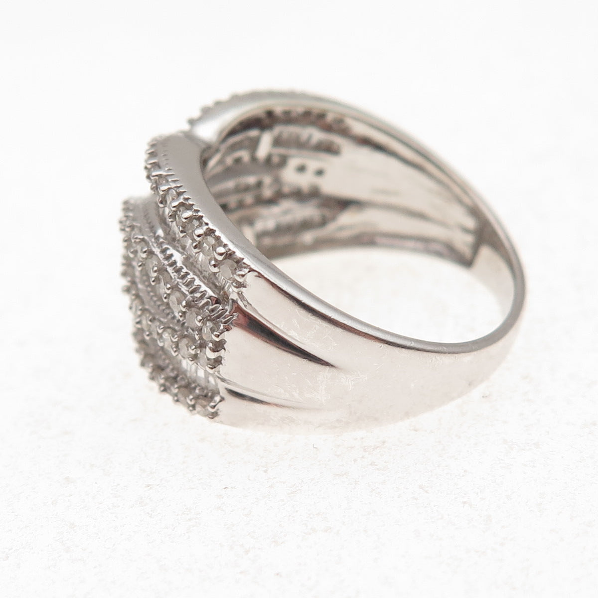 925 Sterling Silver Real Tapered Baguette & Round-Cut Diamond Ring Size 8