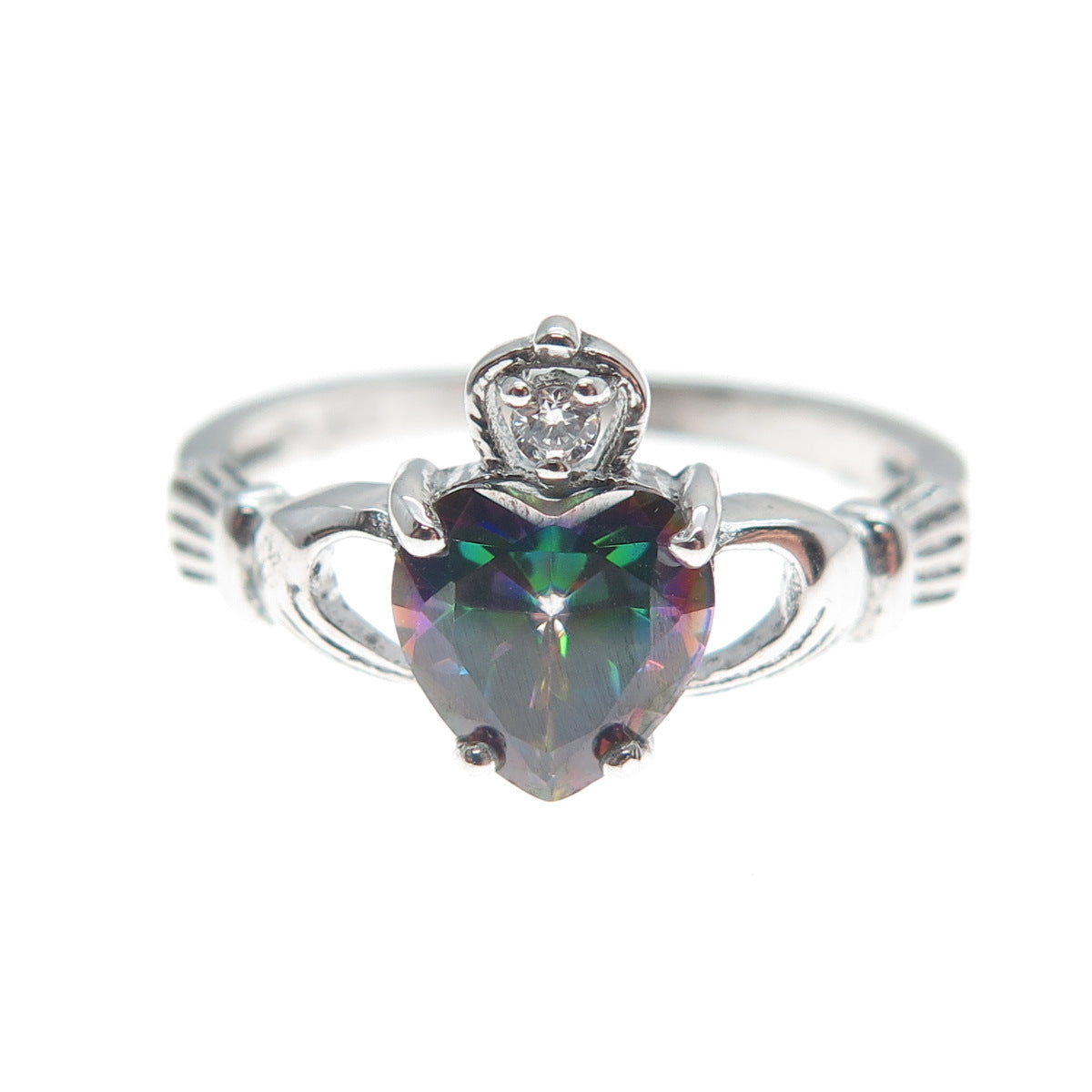 925 Sterling Silver Heart-Cut Mystic Quartz & C Z Irish Claddagh Ring Size 7.5