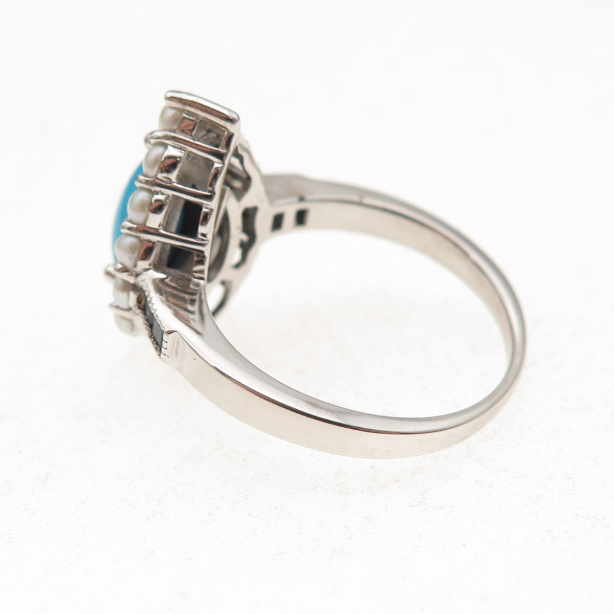 925 Sterling Silver Real Turquoise Pearl & London Blue Topaz Ring Size 8
