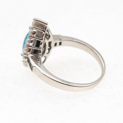 925 Sterling Silver Real Turquoise Pearl & London Blue Topaz Ring Size 8