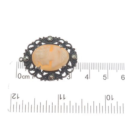 925 Sterling Silver Antique Art Deco Real Carved MOP & Marcasite Cameo Pendant