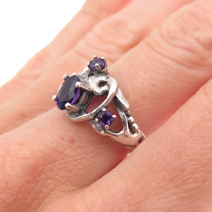 925 Sterling Silver Vintage Real Amethyst Modernist Oxidized Ring Size 7.75