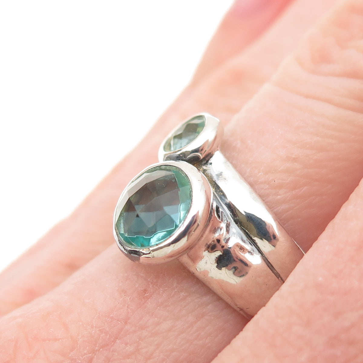 925 Sterling Silver Vintage Round-Cut Blue C Z Modernist 2-Row Ring Size 7