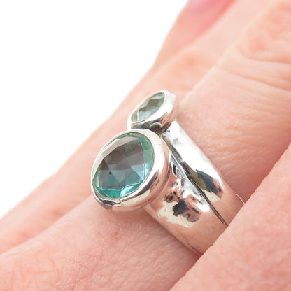 925 Sterling Silver Vintage Round-Cut Blue C Z Modernist 2-Row Ring Size 7