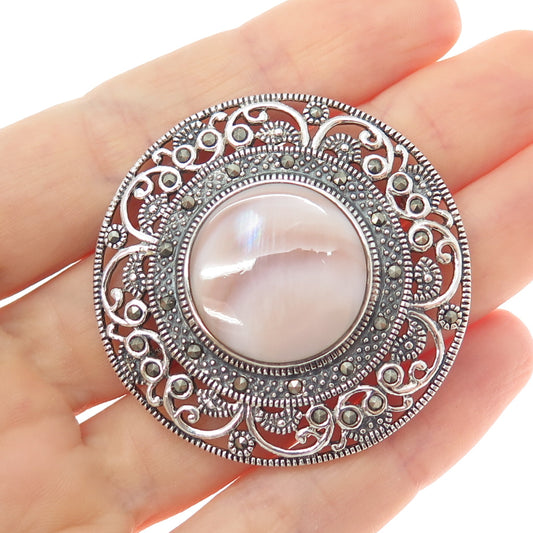 925 Sterling Silver Vintage Real MOP & Marcasite Floral Disc Oxidized Pin Brooch