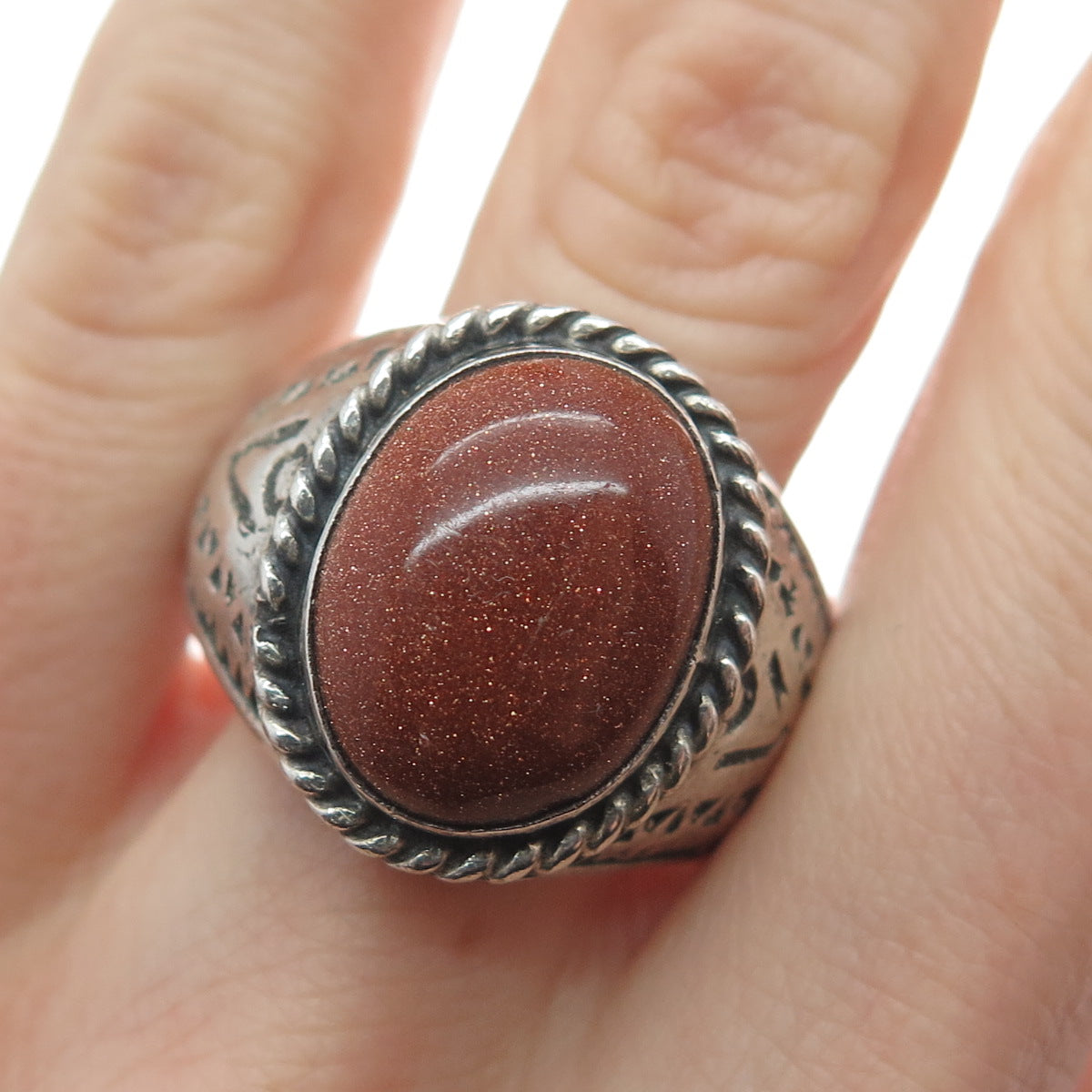 925 Sterling Silver Vintage Mexico Real Sunstone Oxidized Ring Size 12.5