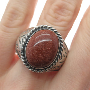 925 Sterling Silver Vintage Mexico Real Sunstone Oxidized Ring Size 12.5