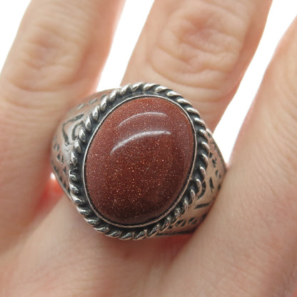 925 Sterling Silver Vintage Mexico Real Sunstone Oxidized Ring Size 12.5