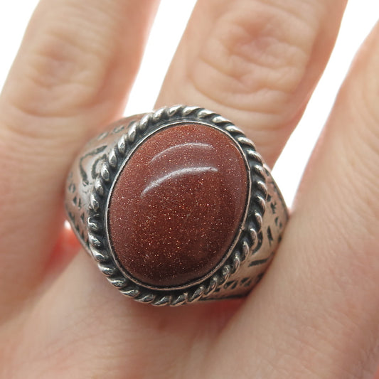 925 Sterling Silver Vintage Mexico Real Sunstone Oxidized Ring Size 12.5