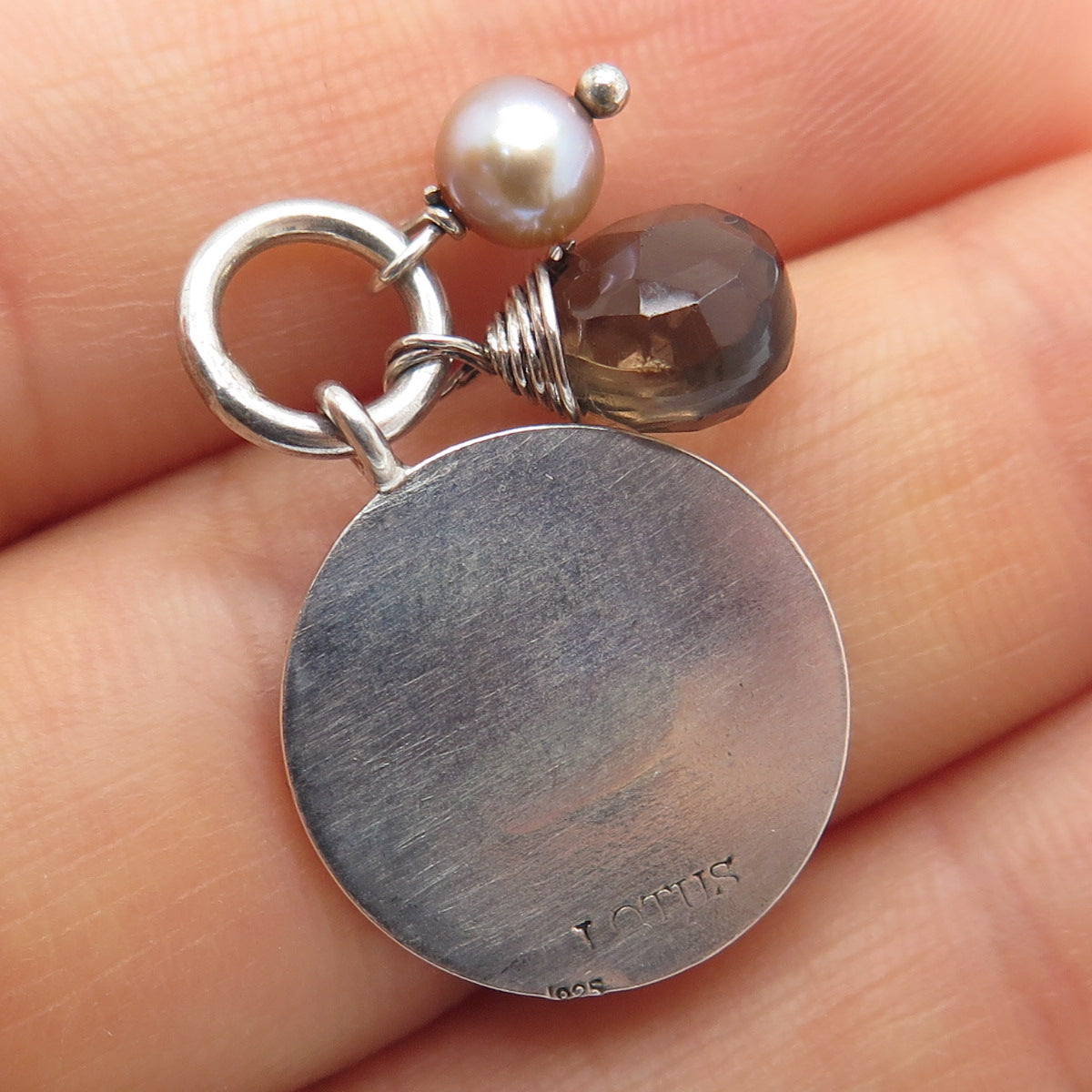 LOTUS 925 Sterling Silver Vintage Real Pearl Smoky Quartz Ichthys Charm Pendant