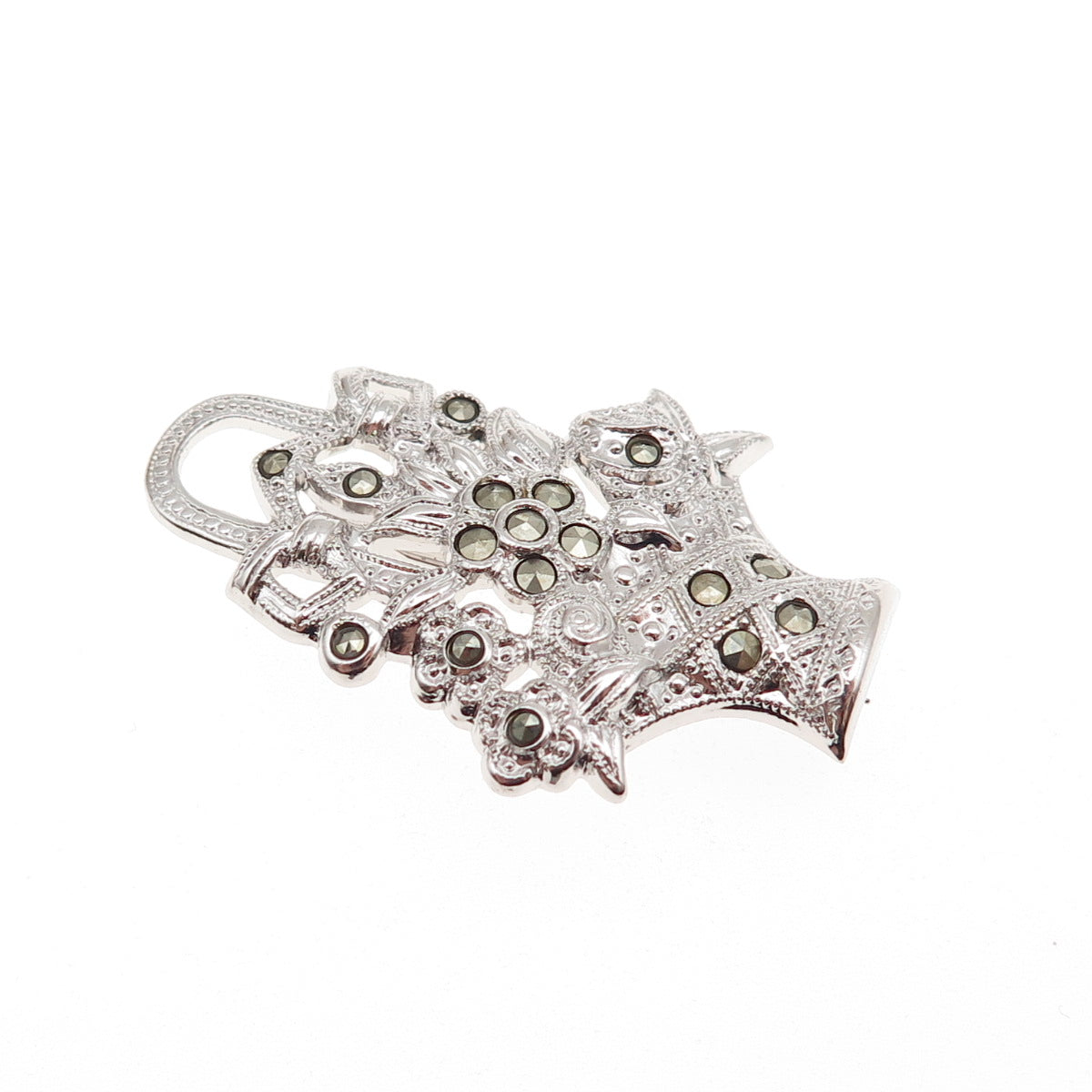Uncas 925 Sterling Silver Antique Art Deco Real Marcasite Flower Pin Brooch