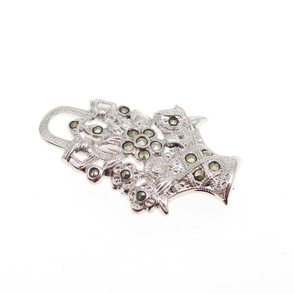 Uncas 925 Sterling Silver Antique Art Deco Real Marcasite Flower Pin Brooch