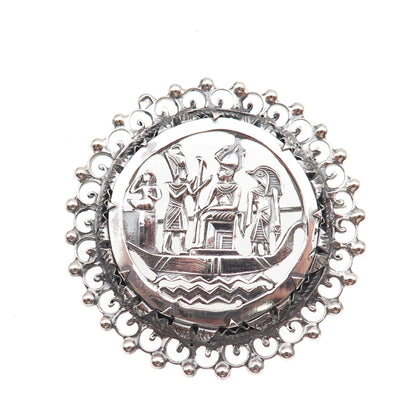 800 Silver Antique Art Deco Egyptian Gods Storyteller Oxidized Pin Brooch