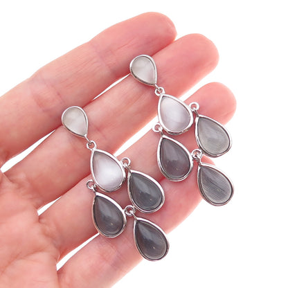 925 Sterling Silver Real Cat's Eye Teardrop Cluster Dangle Earrings